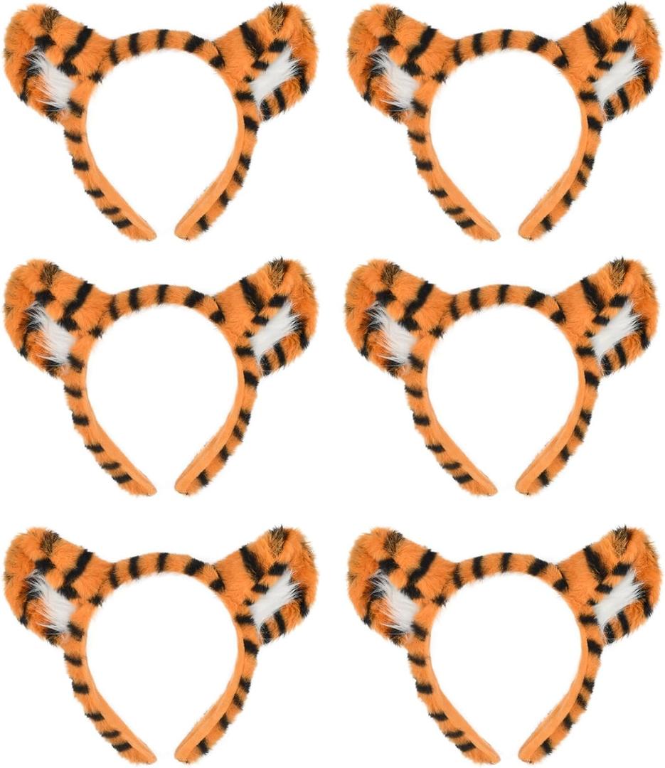 Tiger Ear Headbands, Orange and Black Striped Plush Costume Accessories, Party Favors, 6 Pack