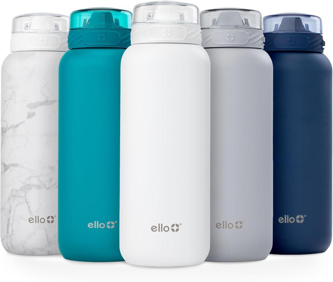 Ello Cooper 32oz Stainless Steel Water Bottle with Straw and Carry Handle, Double Walled and Vacuum Insulated Metal, Leak Proof Locking Lid with Soft Silicone Spout, Reusable, BPA Free, White