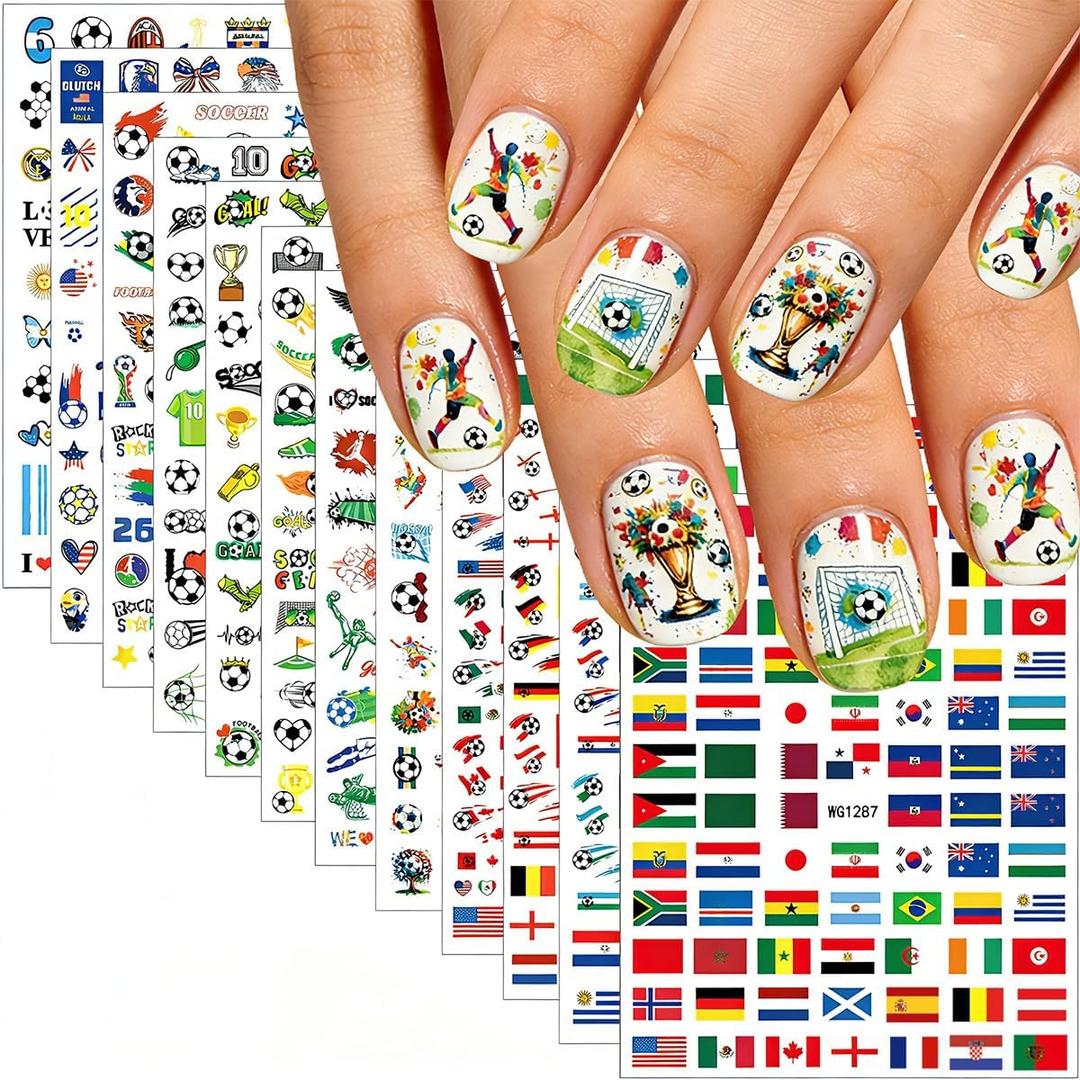 10 x Soccer Game Nail Stickers 12 Sheets - Assorted Country Flag, Jersey & Soccer Ball Design, Self-Adhesive Nail Decals for Women, DIY Manicure Supplies