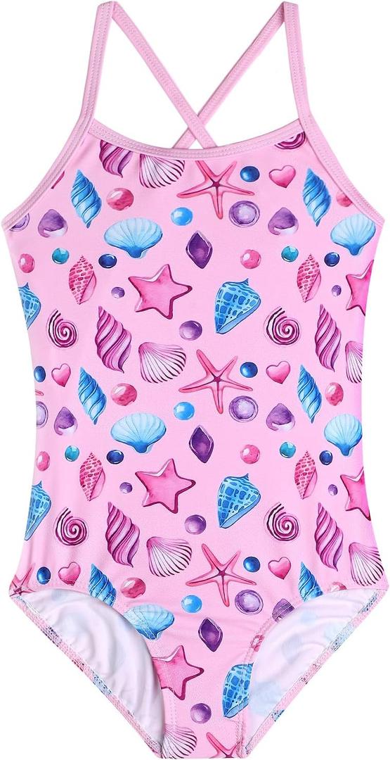 Girls Swimsuit One Piece Bathing Suit with Adjustable Straps Cute Little Kids Swimming Suits Beach Swimwear 4T-12 (7, Seashells Pink)