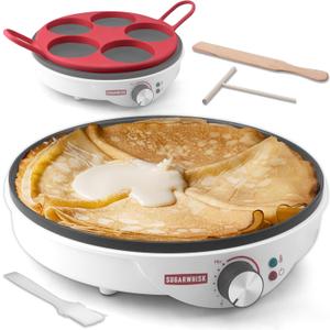 SugarWhisk Crepe Maker Electric, Crepe Pan 12 Inch with 5 X 4 Silicone Molds, Pancake Maker Machine for Pancakes & Tortilla & Fried Eggs, Batter Spreader & Spatula Included, White