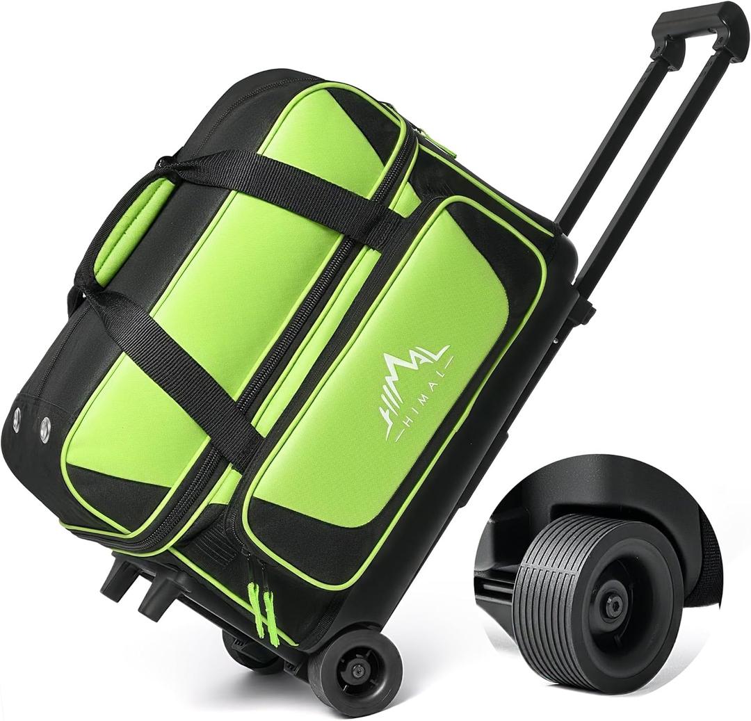 Double Roller 2 Ball Bowling Bag with Separate Shoe Compartment for Bowling Shoes (Up To US Mens Size 15) and Oversized Accessory Pocket, Retractable Handle - Extends to 40" (Black-Green)