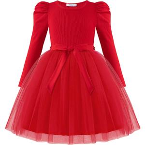Arshiner Toddler Girls Tutu Dress Gigot Long Sleeves Fall Winter Belted Princess Party Tulle Dresses 3-8Y (5-6 Years, Red)