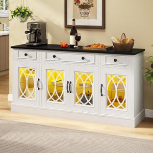 DWVO 65" Buffet Cabinet with 4 Glass Doors Storage, Sideboard Cabinet with 3 Drawers, Coffee Bar with Adjustable Shelves for Kitchen, Living Room, White