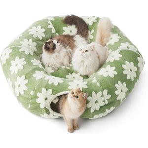 Lesure Large Cat Tunnel Bed - Cute Donut Bed for Indoor Cats with Washable Circle Cushion, Round Pet Peekaboo Cave Toy for Multi Kitten/Puppy/Rabbit, Large Flower Garden Green