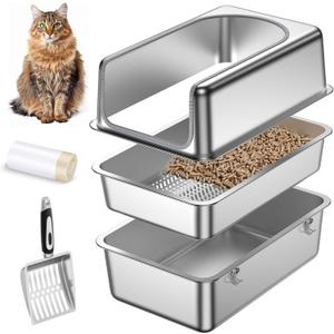 XXL All Stainless Steel Sifting Litter Box for Pine Pellets,Sifting Cat Litter Box with Lid,16''High Sides Metal Sifter Litter Pan System for Big Cats,Odor Control,Easy to Clean