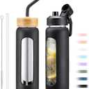 24oz Glass Water Bottle with Straw and 2 Lids-Bamboo and Spout Lid, Borosilicate Glass Water Bottle with Silicone Sleeve and Time Marker,BPA Free & Cupholder Friendly,Black