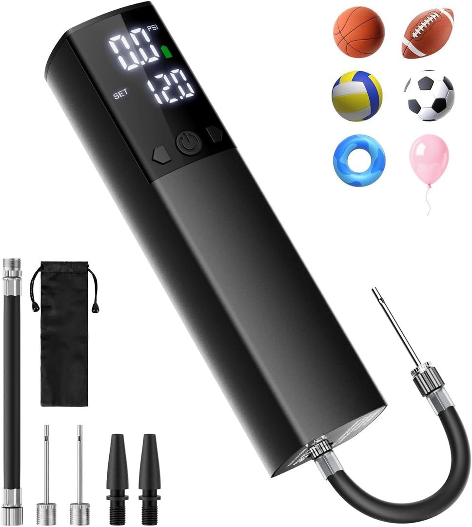 Electric Ball Pump,Smart Air Pump Portable Fast Ball Inflation with Accurate Pressure Gauge and Digital LCD Display for Basketball Football Soccer Volleyball Swimming Ring Balloon(2 Pin and 1 Spout) (Black)