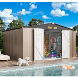 IRONCK 10x12FT Outdoor Storage Shed, Metal Garden Tool Shed with Breathable Vent and Lockable Doors, Outside Storage for Backyard, Poolside, Patio, Brown