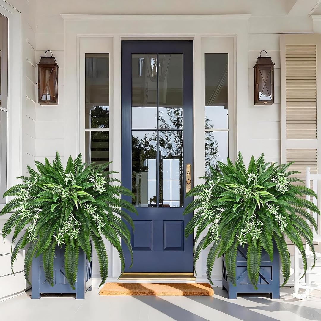 Livole 2 Pcs 48" Large Fake Ferns with Spider Plant, Artificial Ferns for Outdoors Large Faux Boston Fern with 110 Branches Realistic UV Resistant for Planter Indoor Home Garden Porch Hanging Decor