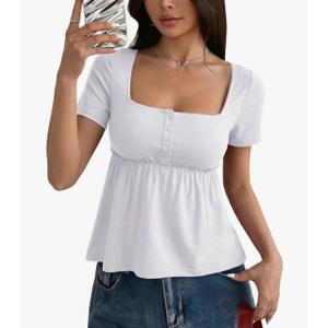 Womens Babydoll Top Peplum Flowy Cute Blouse Baby Doll Tops Short Sleeve Square Neck Y2K Summer Fashion Henley Shirt- S