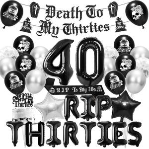 Death to My 30s Decorations, Rip to My 30s Party Supplies Set with Banner Sash Cake Topper Balloons, 40th Birthday Gothic Theme Party Decor for Women Men (Black,Silver)