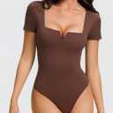 Avidlove Women's Short Sleeve Bodysuit Square Neck Body Suits One Piece T Shirt Summer Going Out Tops Date Outfits (Brown, S)