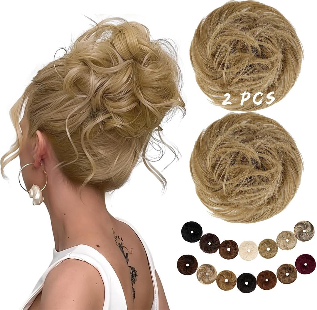 2PCS Messy Bun Hair Piece Large Wavy Scrunchies Synthetic Chignon Ponytail Hair Extensions Thick Updo Hairpieces for Women 1.76oz each(Ash Blonde)
