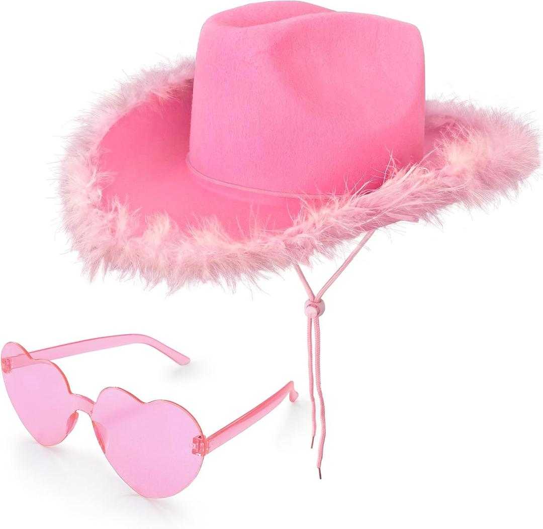 Pink Cowboy/Cowgirl Hat with Heart Shaped Sunglasses, Feather Boa, and Felt for Party Costumes, Dress Up, Cowboy Themed Events, Bachelorette Parties, Unisex, All Ages