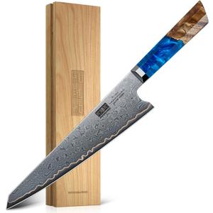 HOSHANHO Damascus Chef Knife 8 Inch, 67-Layer Damascus Super Steel Professional Kitchen Knife, Ultra Sharp Japanese Cooking Knives, Ergonomic Blue Resin Stabilized Wood Handle with Wood Gift Box