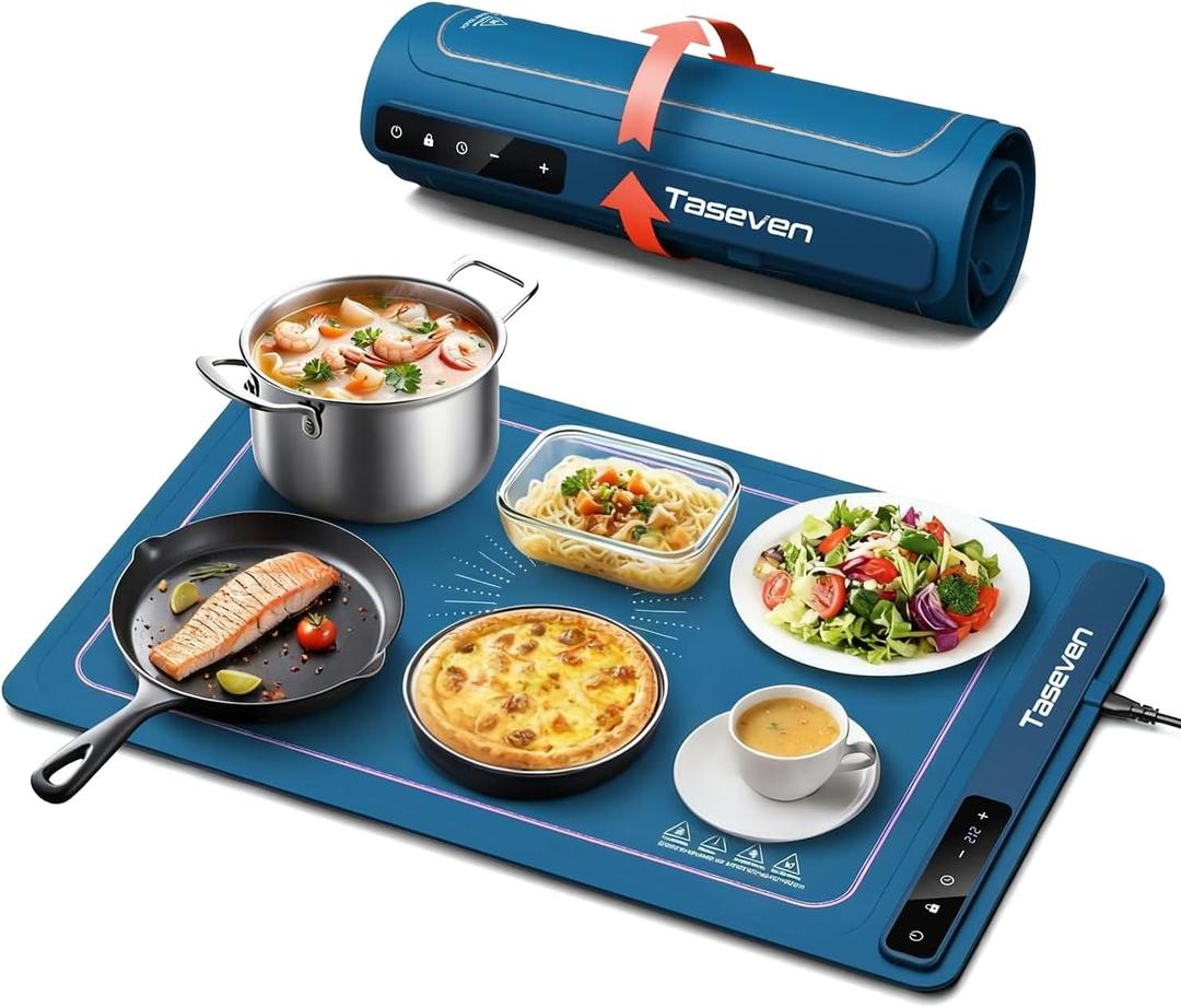 Food Warming Mat, Silicone Heating Tray with 7 Temperature Settings, Quick Full Surface Heating Pad, Thermochromic Line, Kids Lock, Electric Warming Tray for Buffets Party (Squre, Blue)