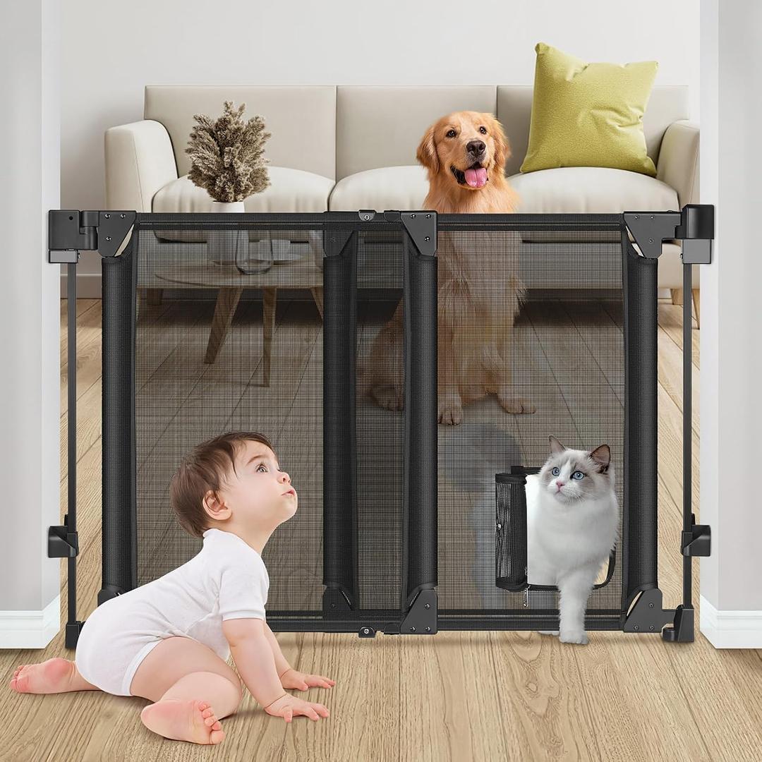 Upgraded 28-43" No Bottom Bar Baby Gate,Heavy-Duty Hardware Mount Dog Gate with Cat Door, Adjustable Baby Gate,for House/Stairs/Doorways Use, Safety Pet Gates, Walk Thru Door