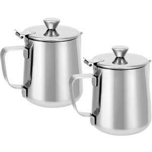 QWORK Stainless Steel Coffee Mug Milk Frothing Pitcher with Lid, 350ML, Dripless Spout, Ergonomic Handle, For Latte Coffee Art, Office and Kitchen, 2 Pcs