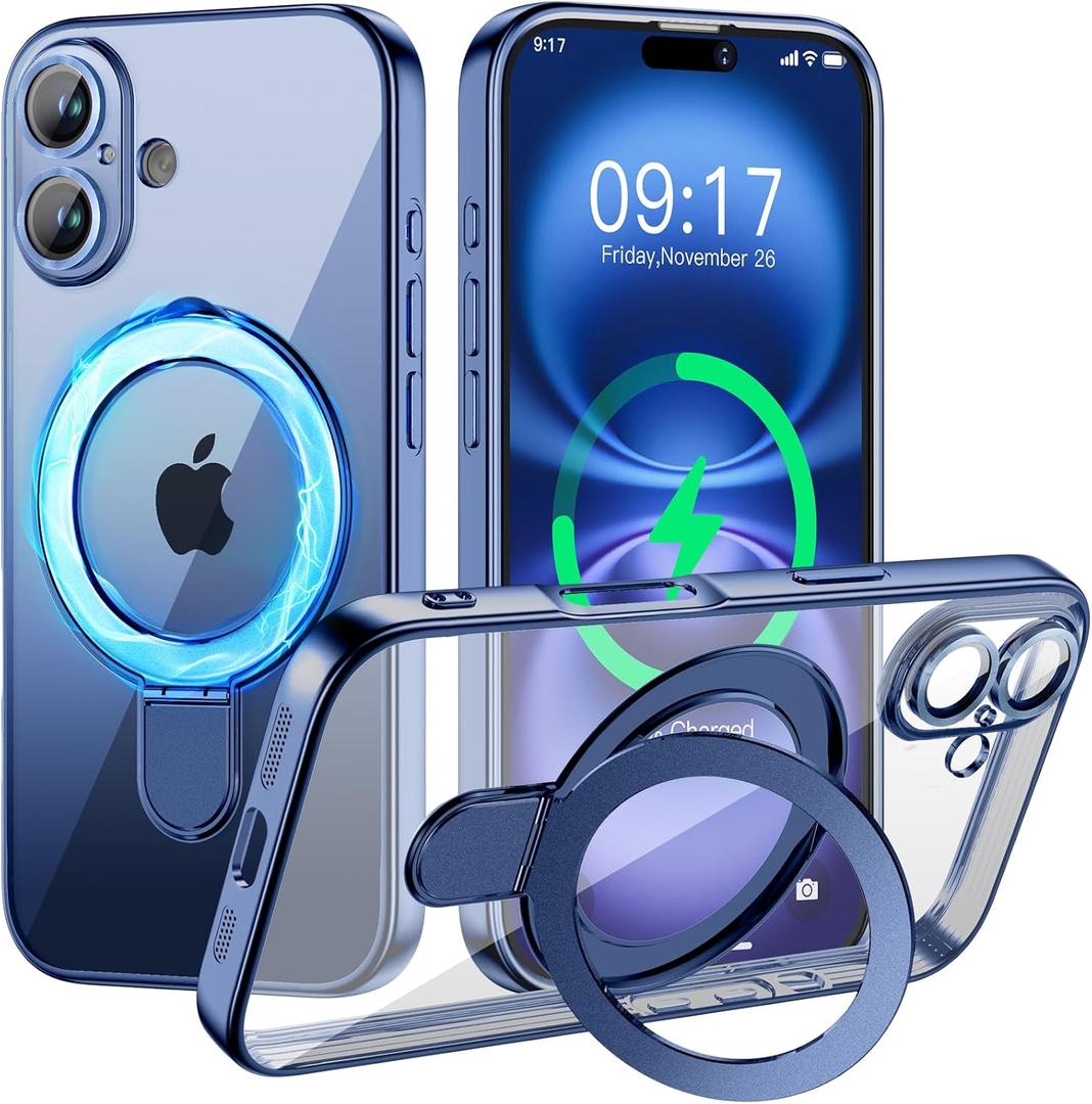 Magnetic for iPhone 16 Case with Invisible Stand[Compatible with MagSafe][Full Camera Lens Protector][Military Drop Protection] Shockproof Not Yellowing Clear Soft Slim for Women Men, Blue