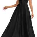 SHENHE Women's Deep V Neck Tie Knot Backless Halter Dress A Line Flowy Ruffle Maxi Dress, Black, Large