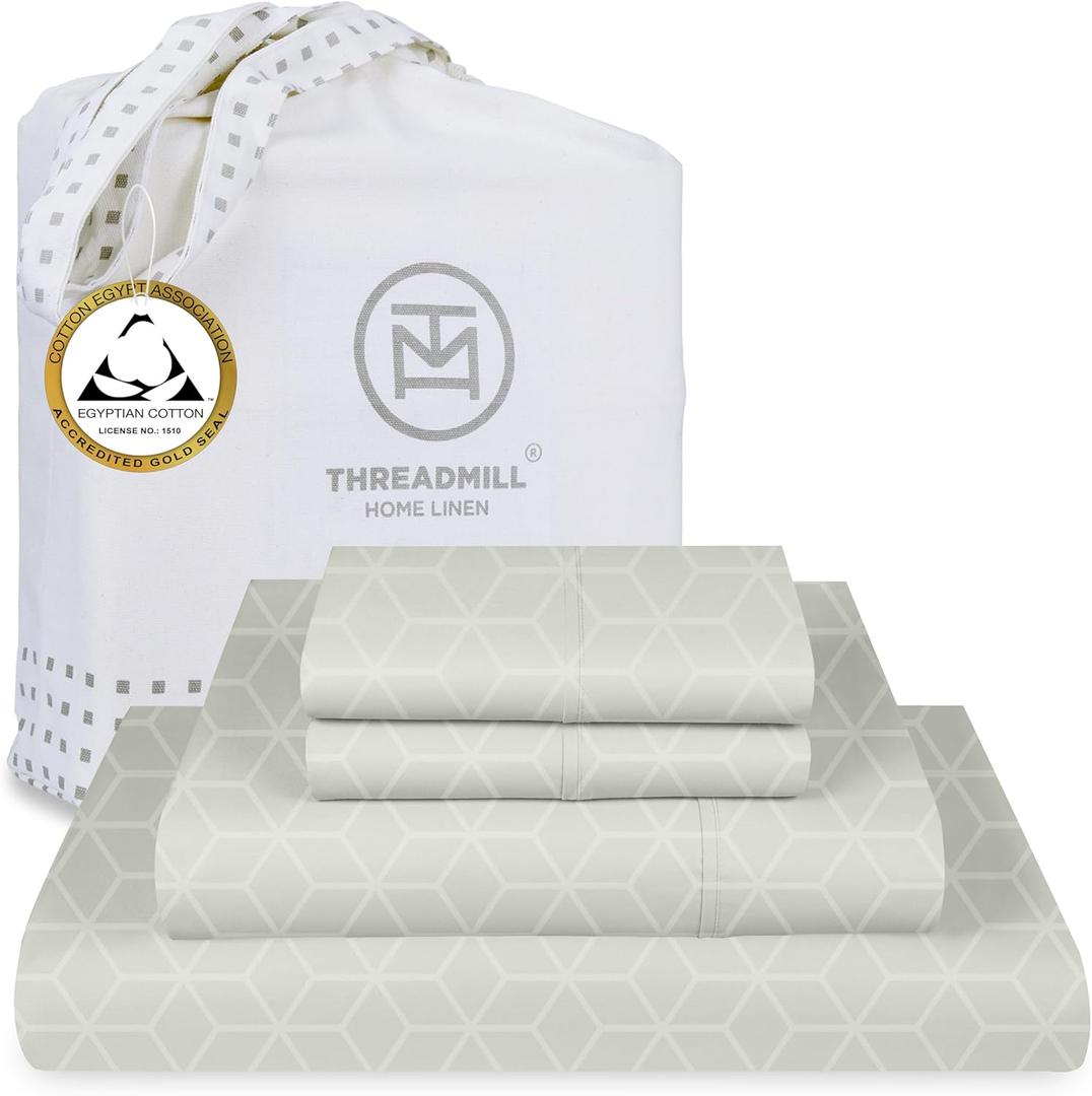 Threadmill Egyptian Cotton Queen Sheet Set | 100% Certified Egyptian Cotton Bed Sheets for Queen Size Bed | Queen Sheet Set with Deep Pocket | Soft Cooling Damask Jacquard Bedding Set | Light Grey