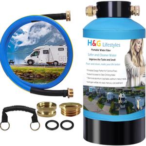 H&G lifestyles Portable Water Filter for RV Water Filtration System KDF Carbon Reduce Bad Taste Odor Chlorine Sediment with 3/4" Brass Adapter Water Hose for Drinking Camping