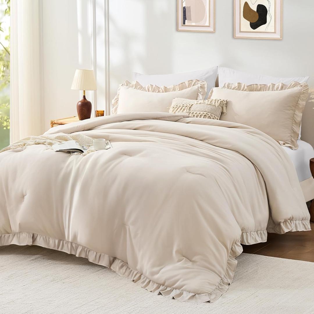 FUANNA Queen Comforter Set Beige 3 Pieces, Ruffle Shabby Chic Queen Bed Set, Fluffy Lightweight Soft Bed in a Bag Queen for All Seasons, Farmhouse Bedding Comforter Sets(1 Comforter & 2 Pillowshams) (Queen(88"x 88"))