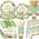 Funnymoom 452 Pcs Wild One Birthday Party Decorations for 50, Safari Jungle Wild One Paper Plates Napkins Cups Tablecloth Cutlery Straws for Boys Kids Woodland Themed First Birthday Party Supplies