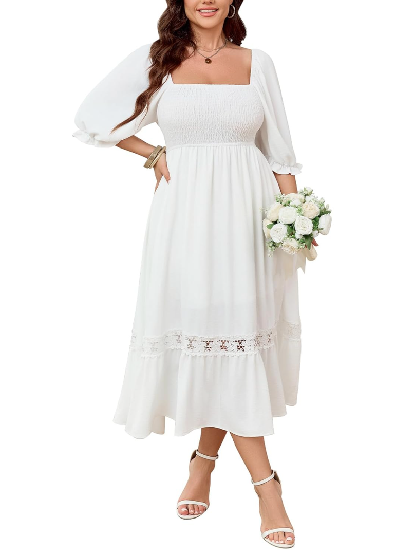 SCOMCHIC Women's Plus Size Maxi Dress Short Sleeve Square Neck Smocked Flowy A-Line Lace Trim Boho Wedding Guest Dresses 4XL