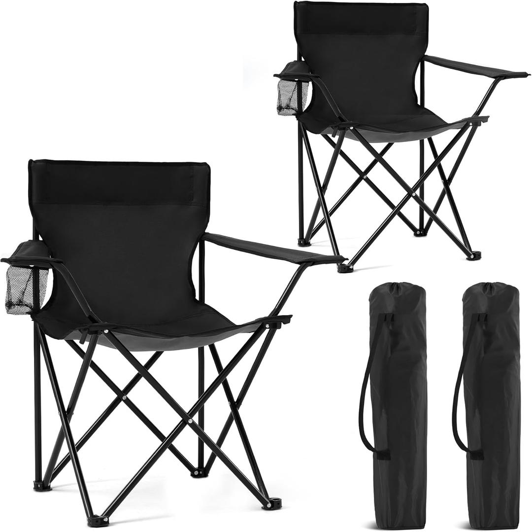 2 Pack Portable Camping Chairs Folding Lawn Chair Outdoor Lightweight Beach Chair with Cup Holder & Carry Bag for Outside Sports, Fishing, Hiking, Travel, Picnic, Backyard (Black-Dark) (Medium)