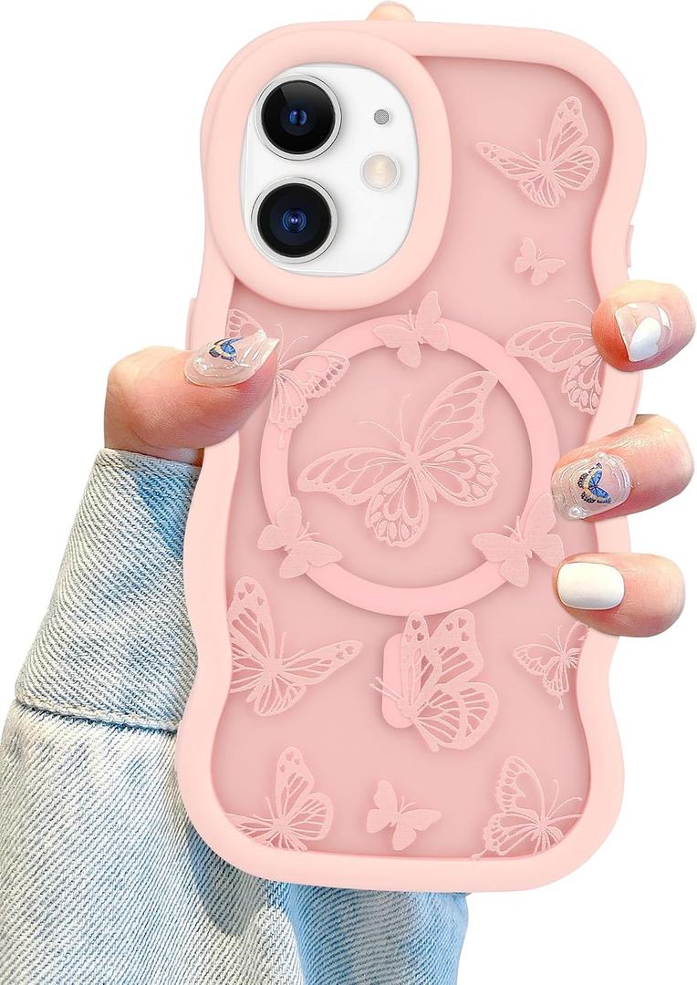 Jusy Butterfly Phone Case for iPhone 12/12 Pro, Compatible with MagSafe, Silicone Cute Butterfly Curly Wave Edge Phone Case, Slim Shockproof Protective Phone Cover for Women Girls, Pink