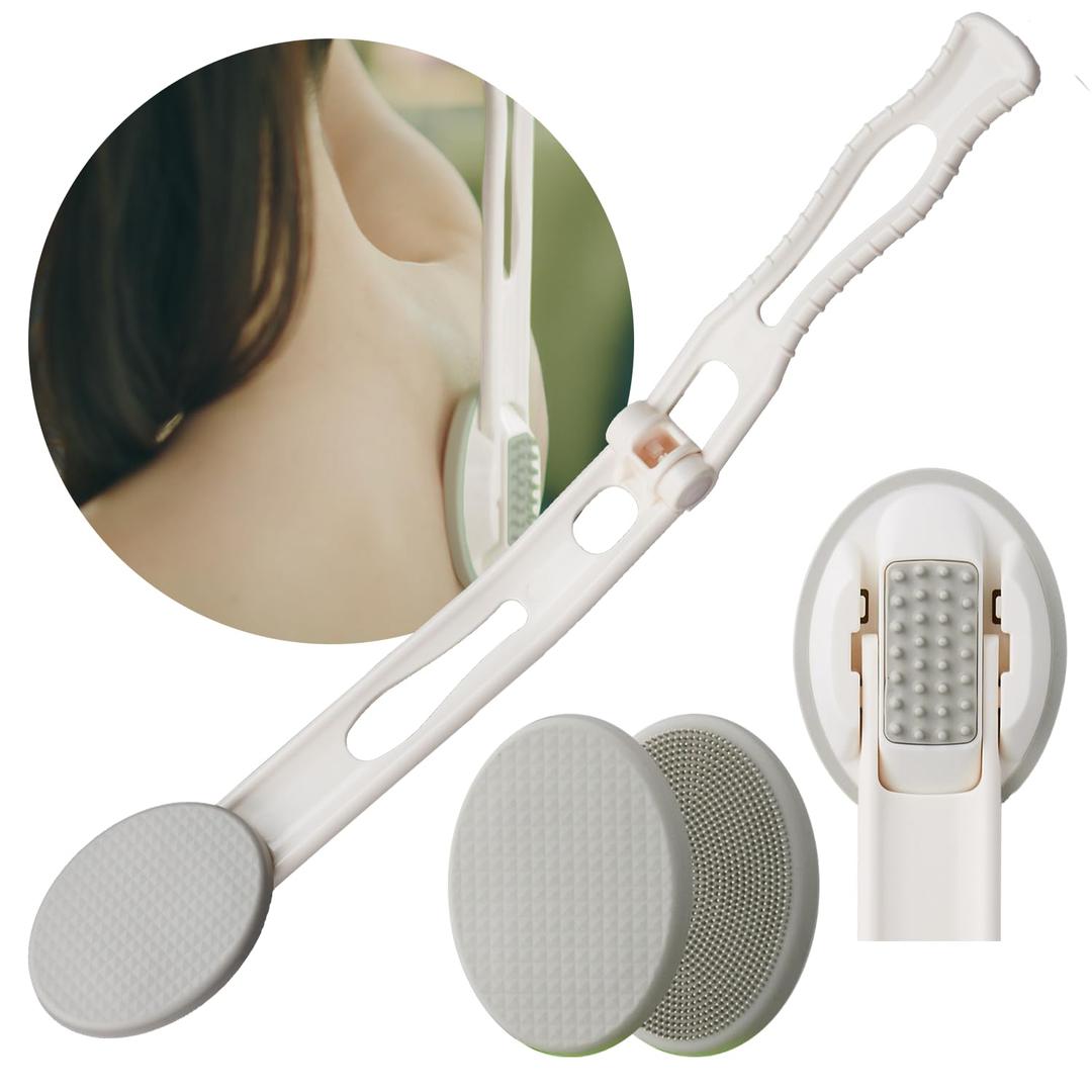 Lotion Applicator for Back - 3in1 Foldable, Cream, Sunscreen, Ointment Applicator, 19" Long Handle, Body Massage Tool - 1 Body Brush Pad, 1 Lotion Pad Included (White)