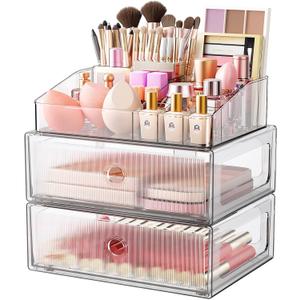 3 Tier Clear Makeup Organizer with Drawer, PET Cosmetic Storage for Dresser, Countertop & Bathroom Vanity, Holders for Lipstick, Brushes, Skincare & Beauty Supplies