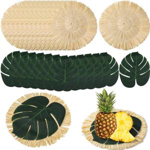24pcs Luau Placemats and Palm Placemat, Round Luau Fringe Place Mats Tropical Palm Leaf Place Mats Bulk Summer Hawaiian Plate Chargers Table Placemats Tropical Party Supplies