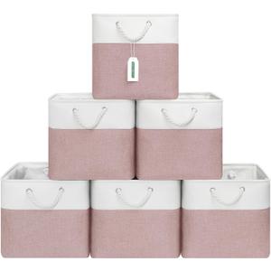 13x13 Inch Cube Storage Bins with Reinforced Bottom Cardboard, 6 Pack Large Collapsible Fabric Storage Cubes with Handles for Shelf, Closet, Toy, Laundry Organization (White&Pink)