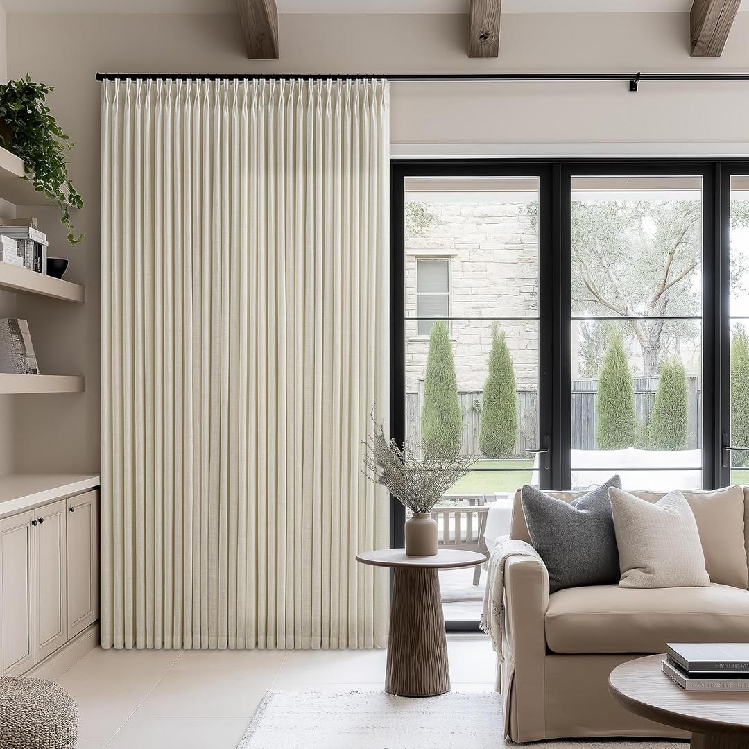 Beige Tan Pinch Pleated Linen Curtains 96 Inches Long for Living Dining Room Bedroom Light Filtering Pinch Pleat Hooks Rings Back Tab Neutral Country Farmhouse 96 Inch Window Curtain Drapes 1 Panel