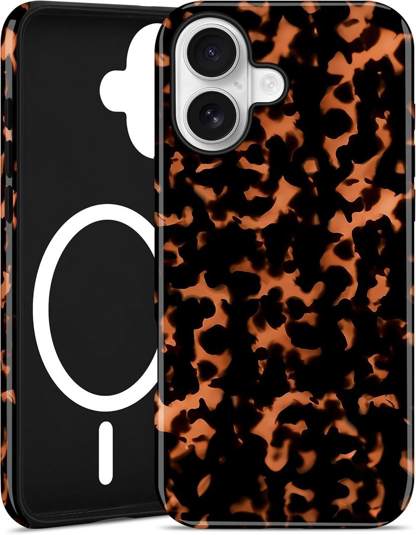 Jusy Compatible with MagSafe Brown Tortoise Shell Print Phone Case for iPhone 17, Amber Trendy Luxury Magnetic Soft TPU and Hard PC Protective Phone Cover for Women Girls - Turtle Shell