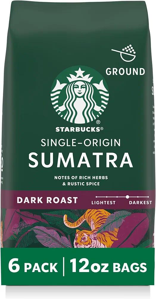 Starbucks Ground Coffee, Dark Roast Hot or Iced Coffee, Single-Origin Sumatra, Six 12 oz Bags​ Exp. 06/26/2026