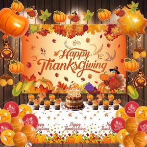 Thanksgiving Party Decorations Set, Turkey Themed Backdrop,Tablecloth, Balloons, Cake Toppers, Fall Theme Party Supplies