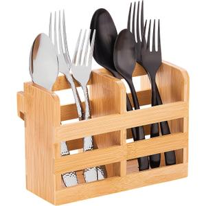 Bamboo Utensil Holder for Dish Rack - Flatware, Cutlery & Utensil Drying Caddy with Hooks - Fits BAMBUSI Bamboo Dish Drying Racks