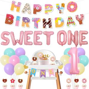 Donut 1st Birthday Decorations, Donut Theme Happy Birthday Banner Colorful One High Chair Banner Cake Toppers with Sweet One Foil Balloons Kit for Girls First Birthday Party Supplies