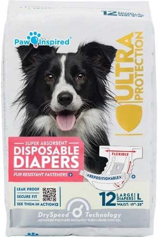 Paw Inspired Disposable Dog Diapers | Female Dog Diapers Ultra Protection | Diapers for Dogs in Heat, Excitable Urination, or Incontinence (12&144 Count) (Large (12 Count)