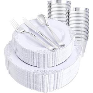 Hioasis 300pcs White and Silver Plastic Plates - Disposable Dinnerware Set Suitable for 50 Guests Include 10.25" Dinner & 7.5" Dessert Plates,Silverware Set, Cups for Weddingr(NO Napkins Included)