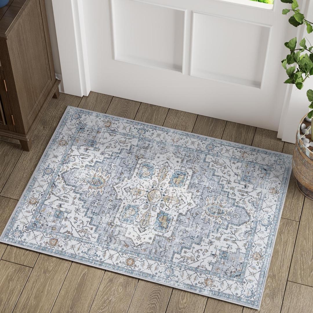 jinchan Oriental 2x3 Rug for Entryway - Machine Washable Non-Slip Doormat Ultra-Thin Low-Pile Small Vintage Floral Distressed Accent Rug for Entrance Bedroom Kitchen Bathroom (2x3ft, Grey/Blue)