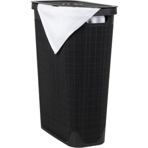 Mind Reader 40L Slim Laundry Hamper, Clothes Basket, Lid, Linen Design, Plastic, 18.5L x 10.75W x 23.5H, Black