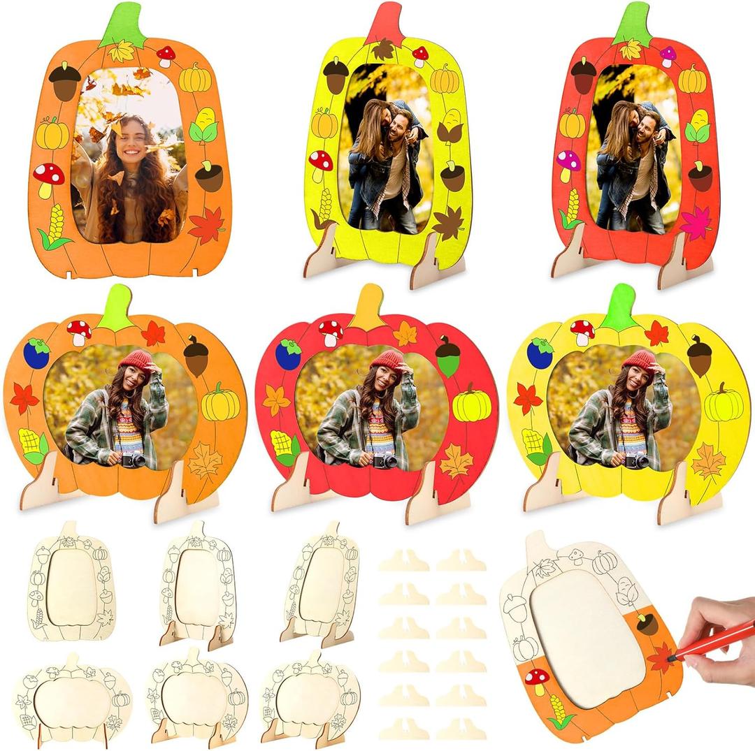 2 x Geelin 6 Pack Thanksgiving DIY Picture Frames Fall Craft Kit Wooden Pumpkin Photo Frame for Thanksgiving Autumn Fall Decor, Home Table Tabletop Display DIY Classroom Home Activities Art Decoration