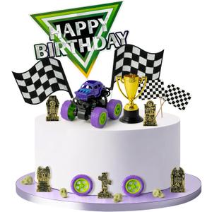 Haooryx Monster Truck Cake Topper - 40Pcs Green and Purple Monster Truck Cake Decoration Racing Car Dessert Cupcake Topper for Kid Boy Birthday Truck Theme Party Baby Shower Table Decoration Supply