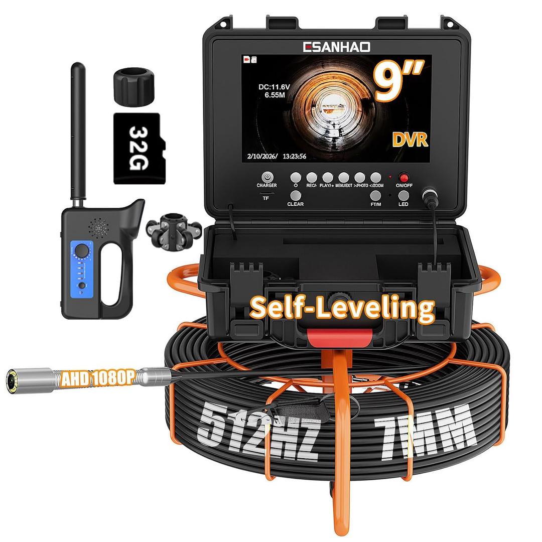Sewer Camera with 512Hz Locator 100FT 7MM Drain Pipe Inspection Camera
Self-Leveling 32GB Card Borescope with light 9'' DVR 1080P 5X Zoom Distance Counter Drain Camera with Locator