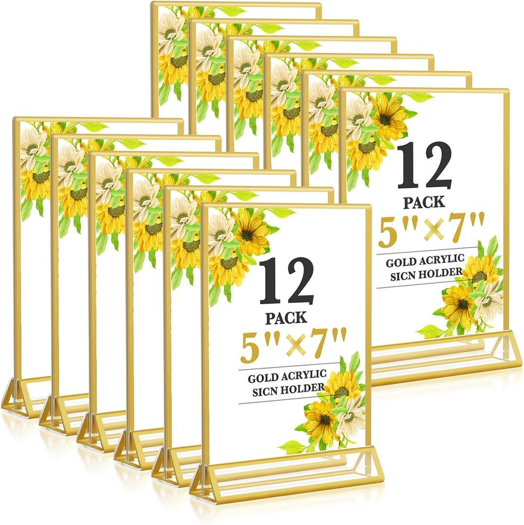 Acrylic Gold Sign Holders 5x7, 12 Pack Wedding Gold Table Number Holders, Double Sided Photo Display Picture Frame Paper Stand, Clear Flyer Stand Menu Holder for Wedding, Home, Party, Restaurant